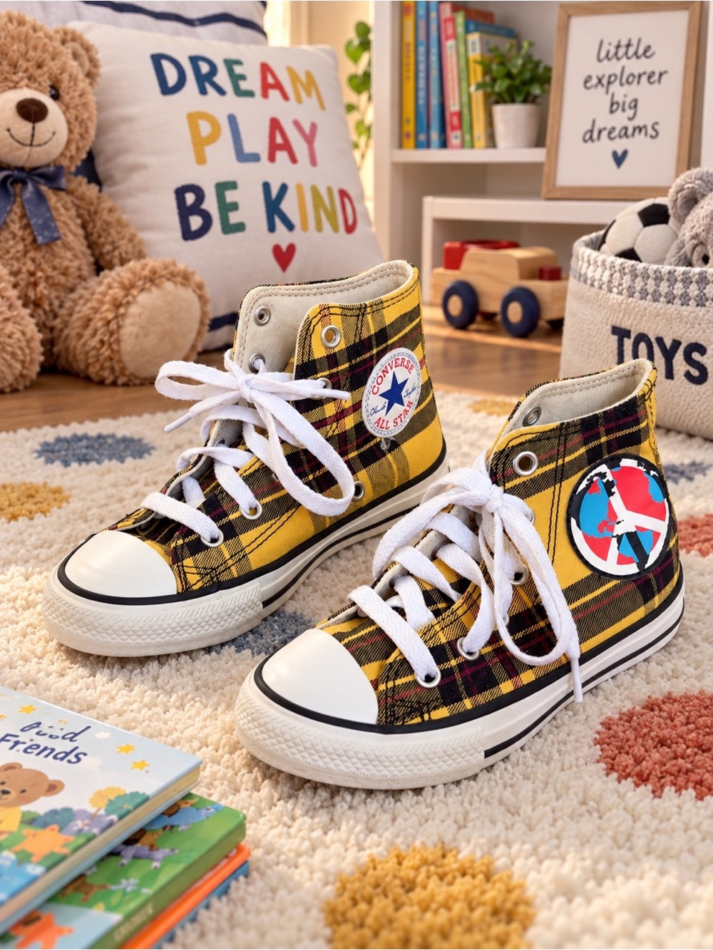 Converse Yellow Plaid Kids High Top Sneakers